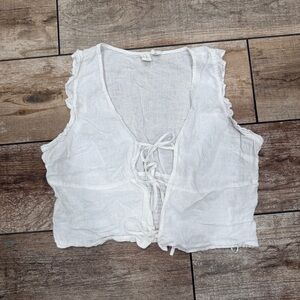 Joie | White Front Tie 100% Linen Vest Blouse